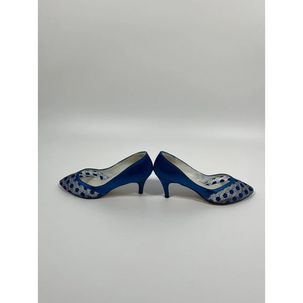 Vintage Womens 10 Heels Blue Mesh Sheer Floral Wedding Guest Chic Quiet Luxury